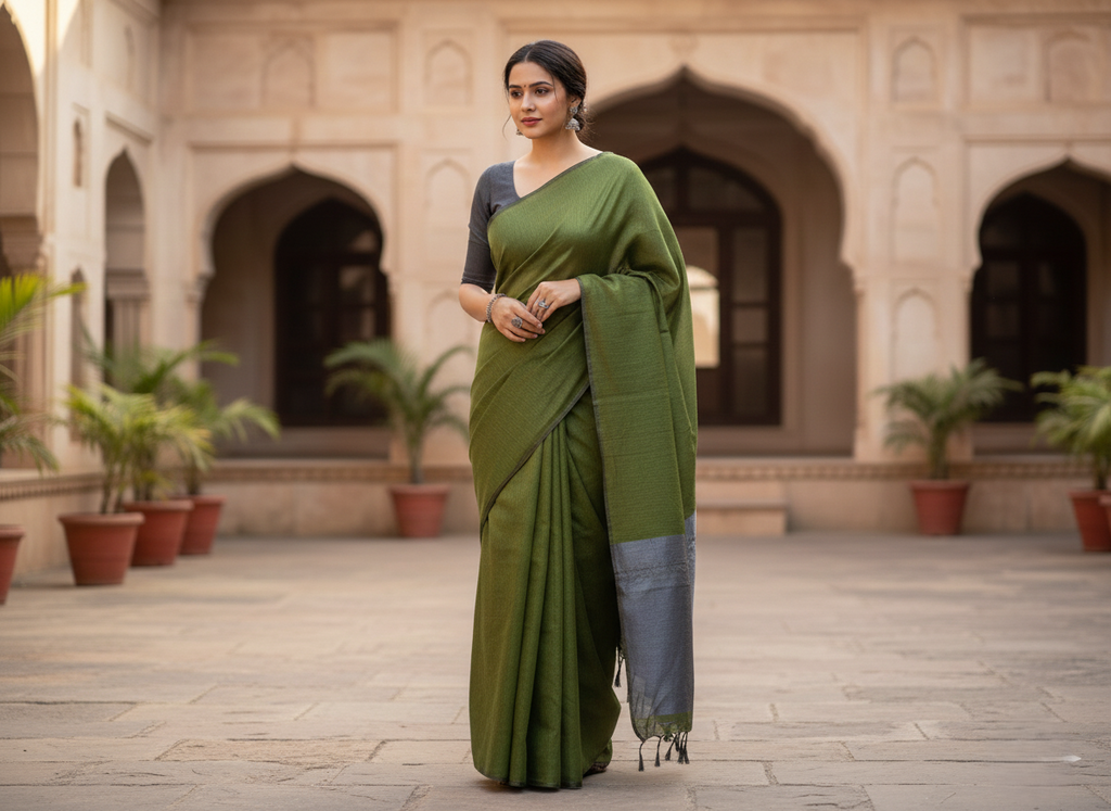 Hand-Woven Olive & Charcoal Silk-Blend Saree with Tassel Detail