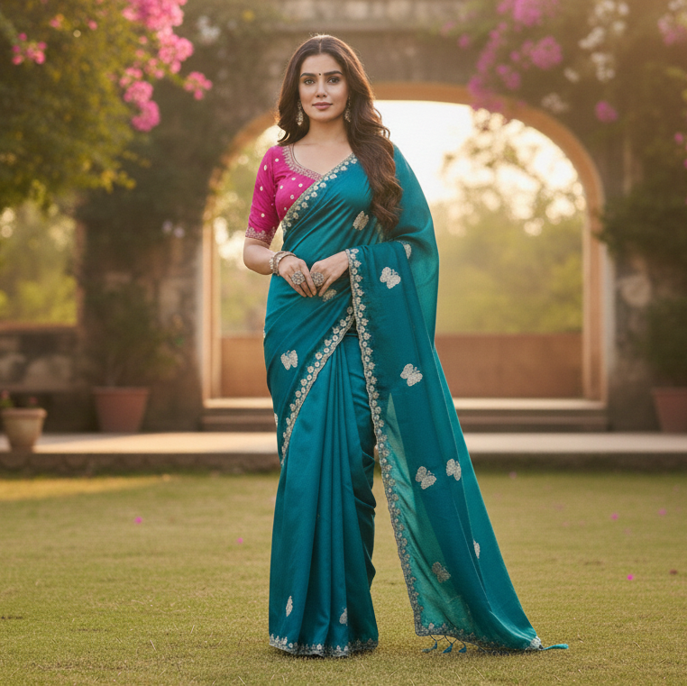 Teal Elegance: Butterfly Embroidered Silk Saree Set
