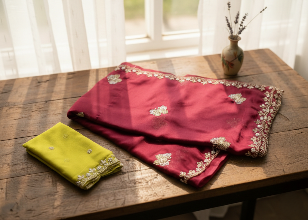 The Monarch Ensemble: Hand-Embroidered Maroon Silk Saree with Lime Contrast