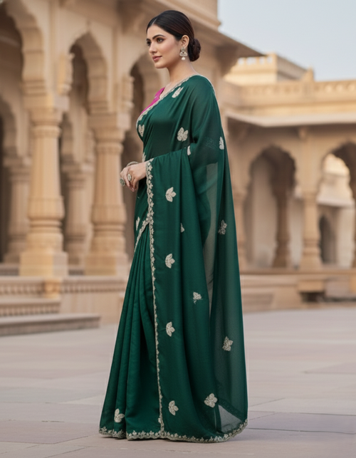 Emerald Butterfly Hand-Embroidered Silk Saree Set