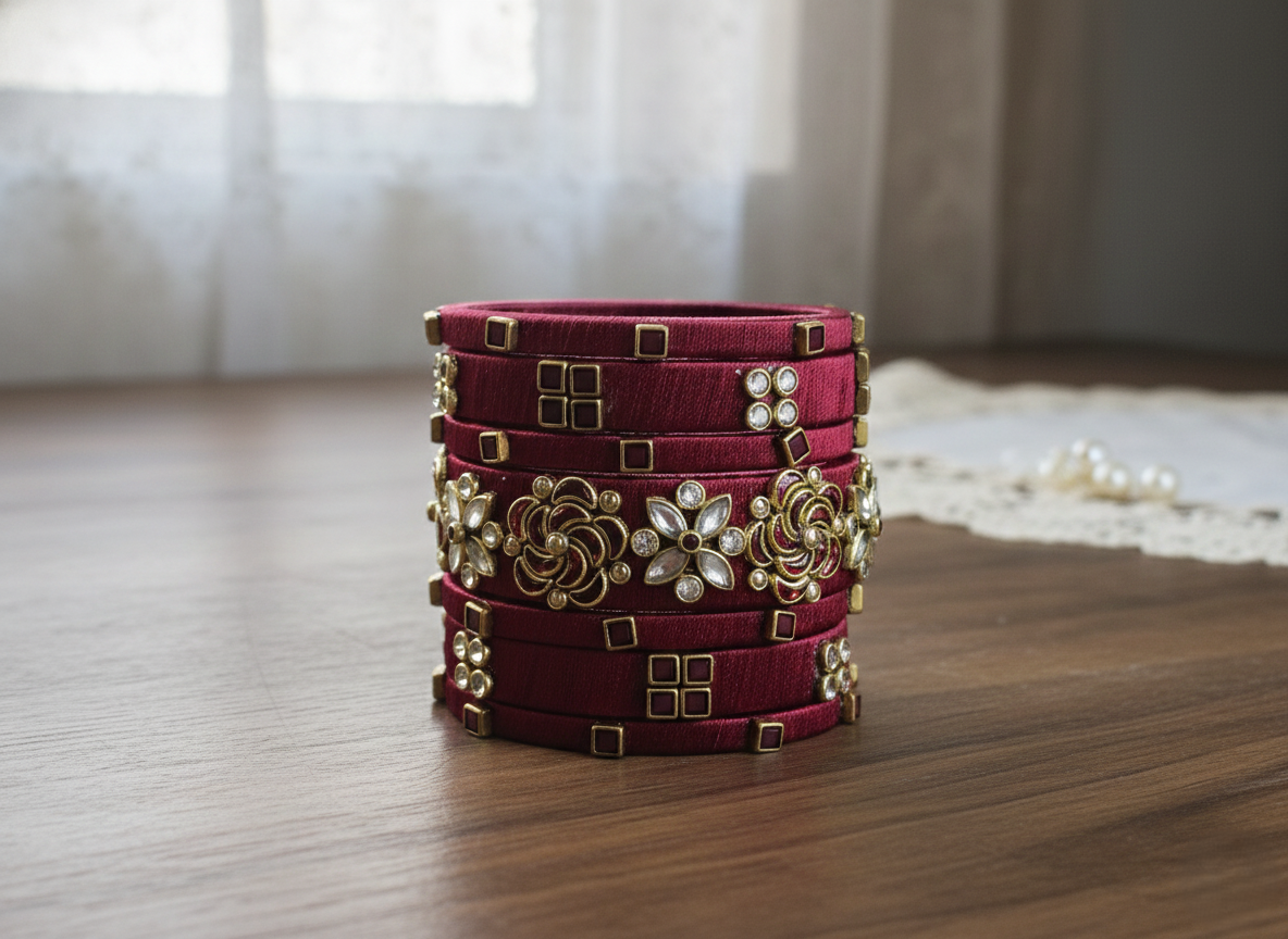 Handcrafted Crimson Red Silk Thread Bangle Set with Intricate Gold Kundan & Floral Embellishments