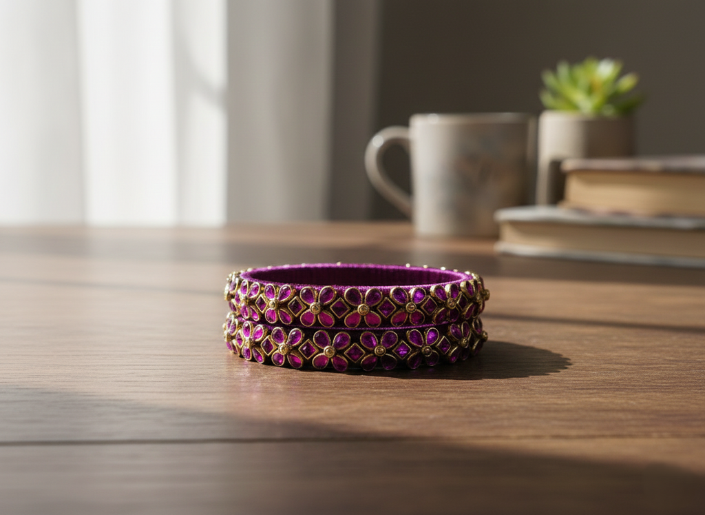 "Midnight Bloom" Hand-Wrapped Silk Thread Bangles