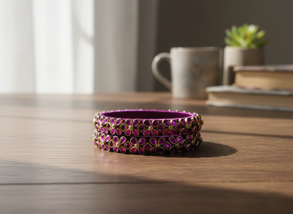 "Midnight Bloom" Hand-Wrapped Silk Thread Bangles