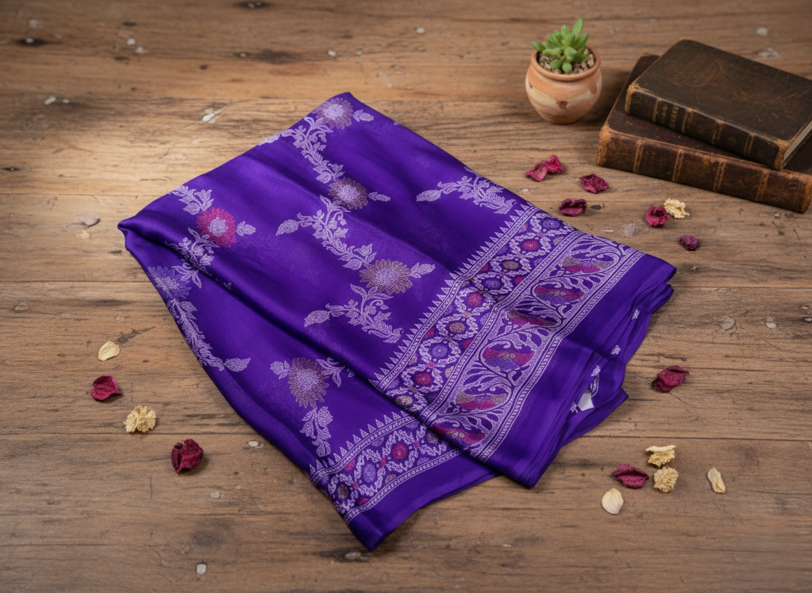 Midnight Heritage: Handwoven Pure Silk Saree with Antique Zari