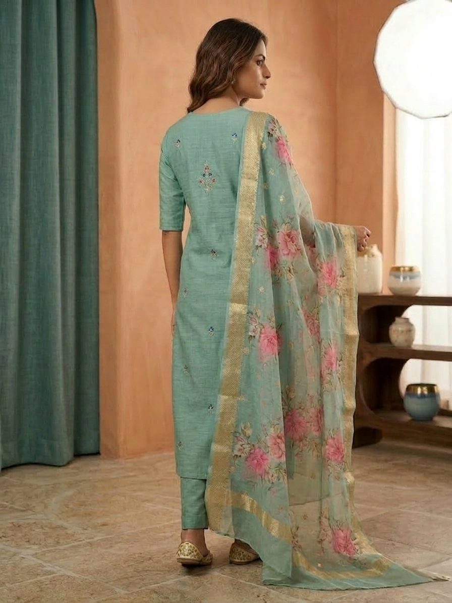 Elegant Sea Green Chanderi Silk Kurta Set with Floral Organza Dupatta – 3-Piece Ethnic Wear for Women