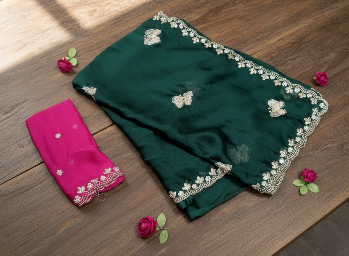 Emerald Butterfly Hand-Embroidered Silk Saree Set