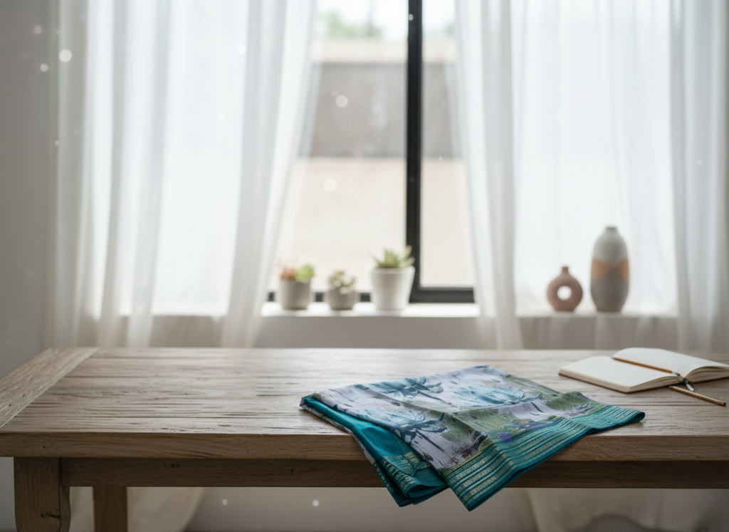 Ethereal Waters: Hand-Painted Style Lotus Saree in Seafoam & Teal