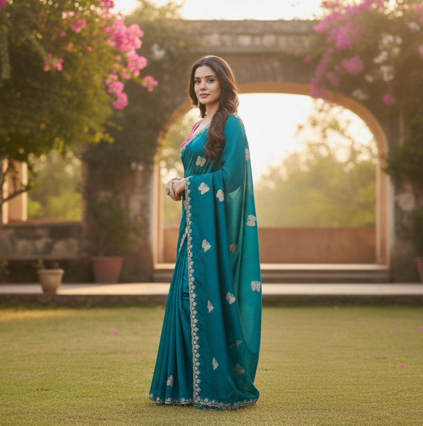 Teal Elegance: Butterfly Embroidered Silk Saree Set