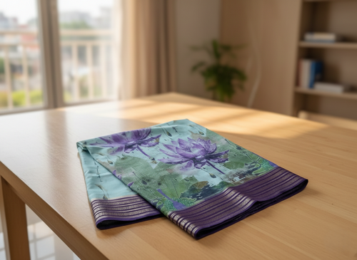 Azure Bloom Digital Print Chiffon Saree