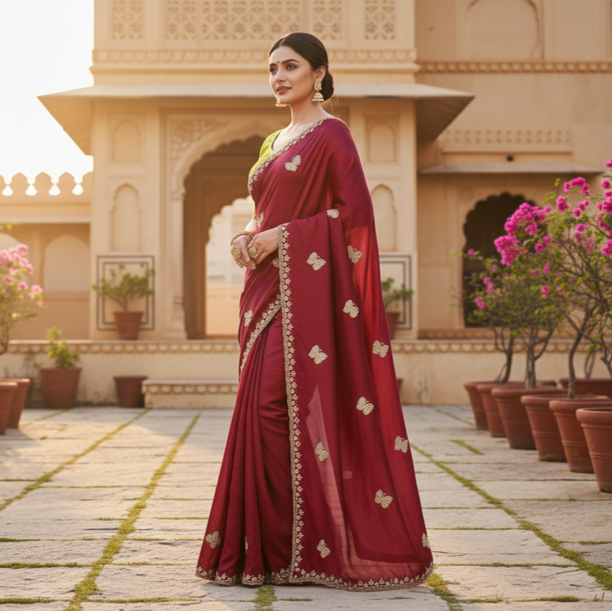The Monarch Ensemble: Hand-Embroidered Maroon Silk Saree with Lime Contrast