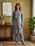 Teal Blue Floral Printed Cotton Kurta Set with Straight Pants - 2 Piece Ethnic Wear