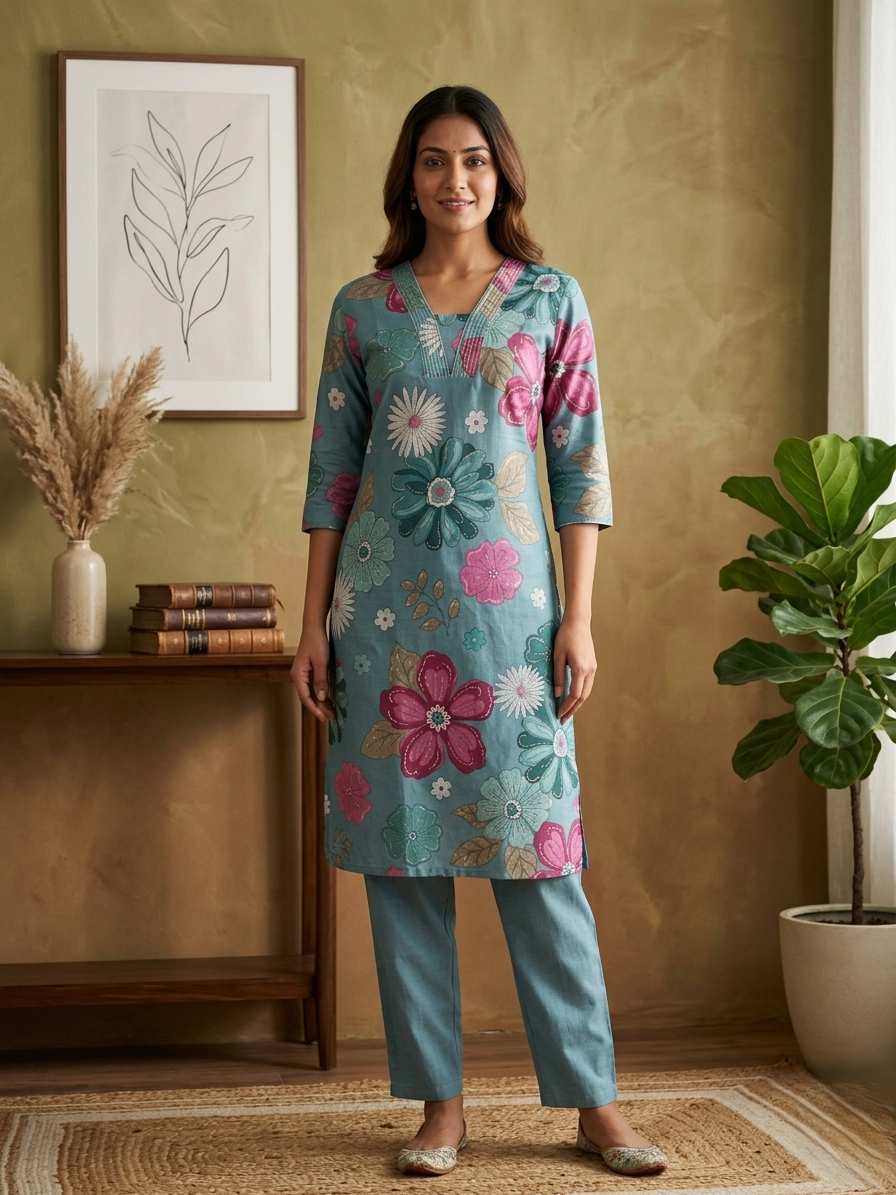 Teal Blue Floral Printed Cotton Kurta Set with Straight Pants - 2 Piece Ethnic Wear