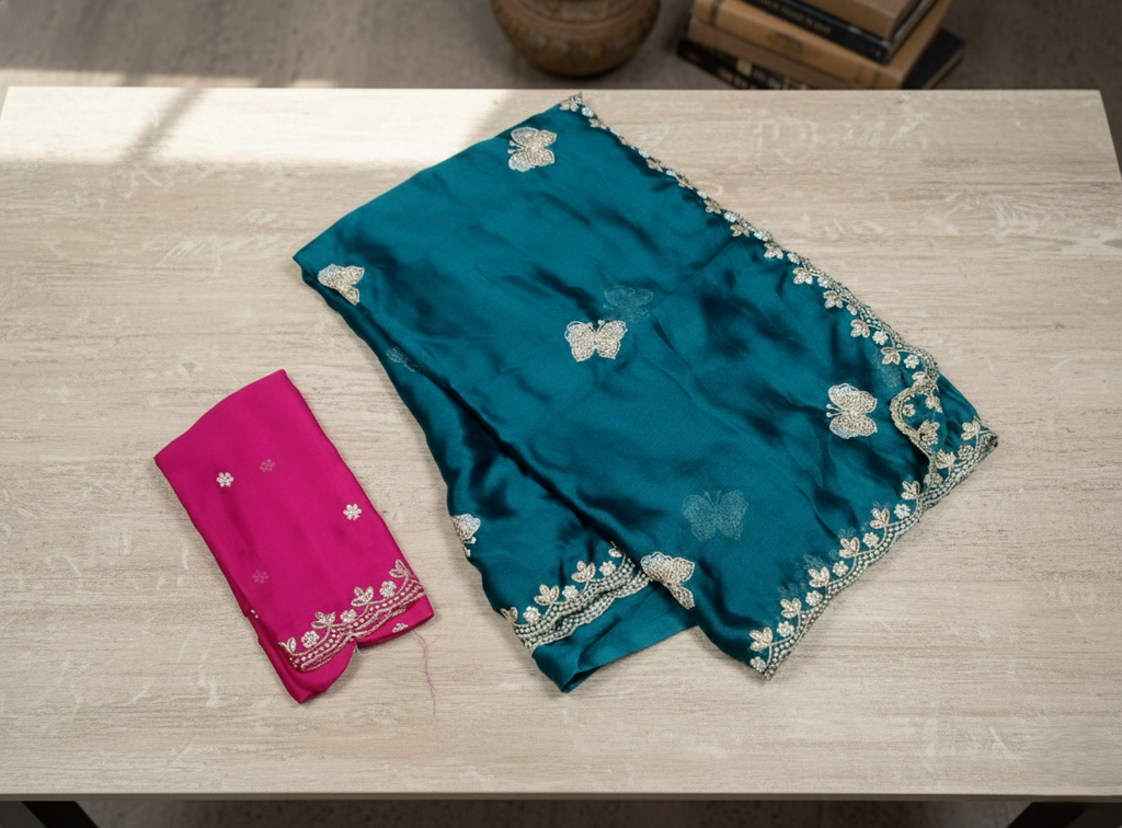 Teal Elegance: Butterfly Embroidered Silk Saree Set