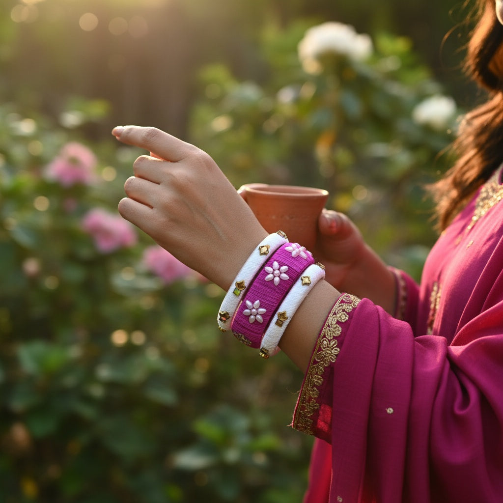 Handcrafted Silk Thread Bangle Set with Floral Pearl Accents and Kundan Work - Magenta & White