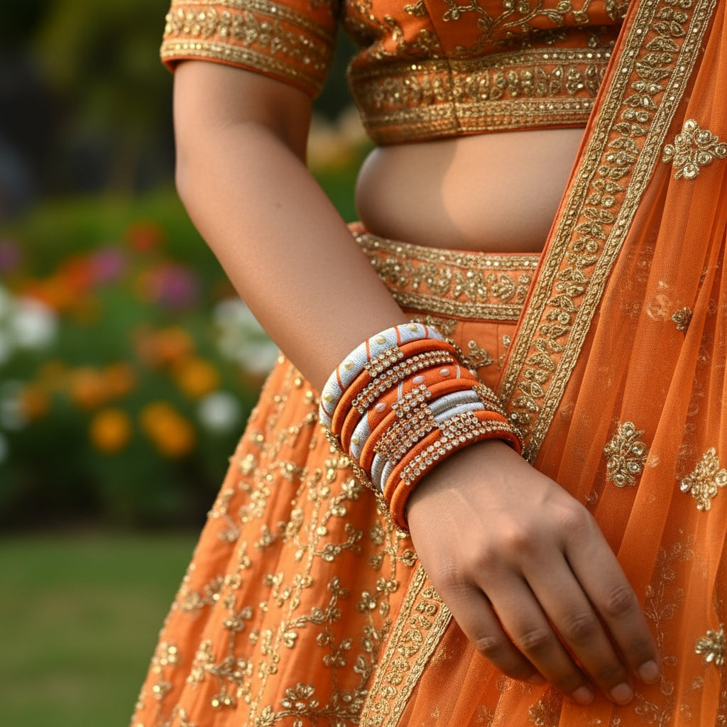Handcrafted Saffron & Silver Silk Thread Bangle Set